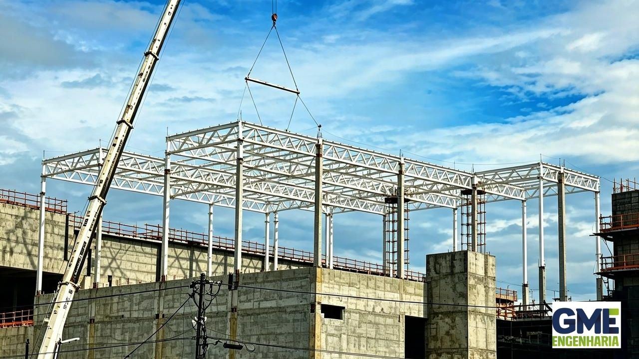 Estrutura de cobertura metálica montada com vista panorâmica da cidade ao entardecer
