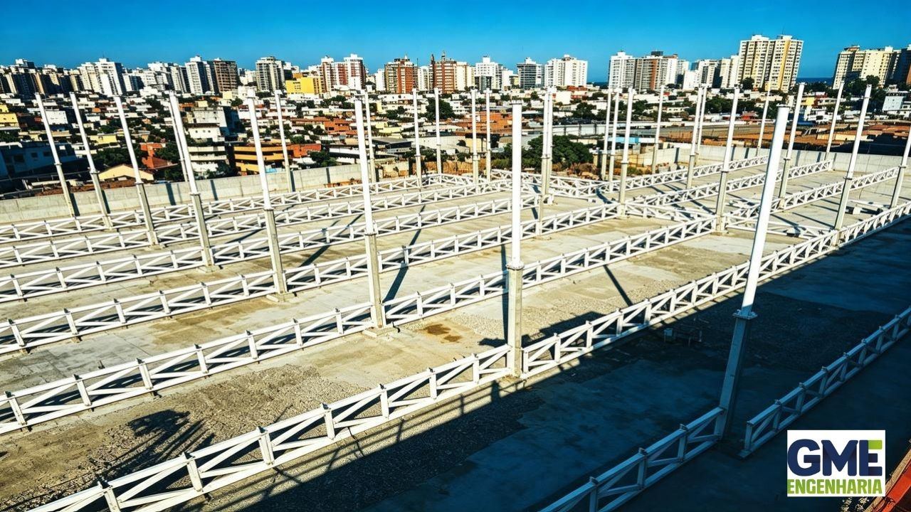 Guindaste realizando içamento de estrutura metálica para montagem da cobertura, céu azul com nuvens