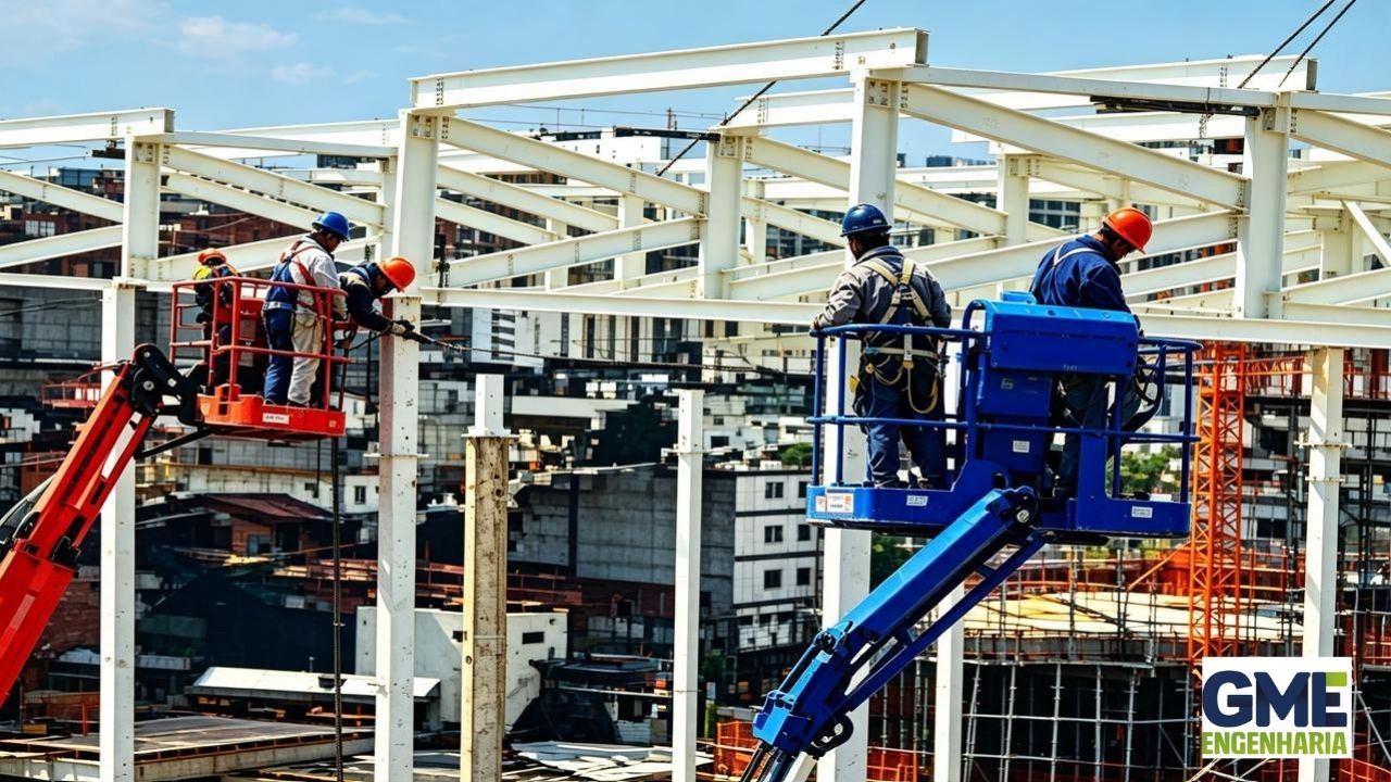 Guindaste posicionando estrutura metálica durante a montagem da cobertura, vista lateral do canteiro de obras