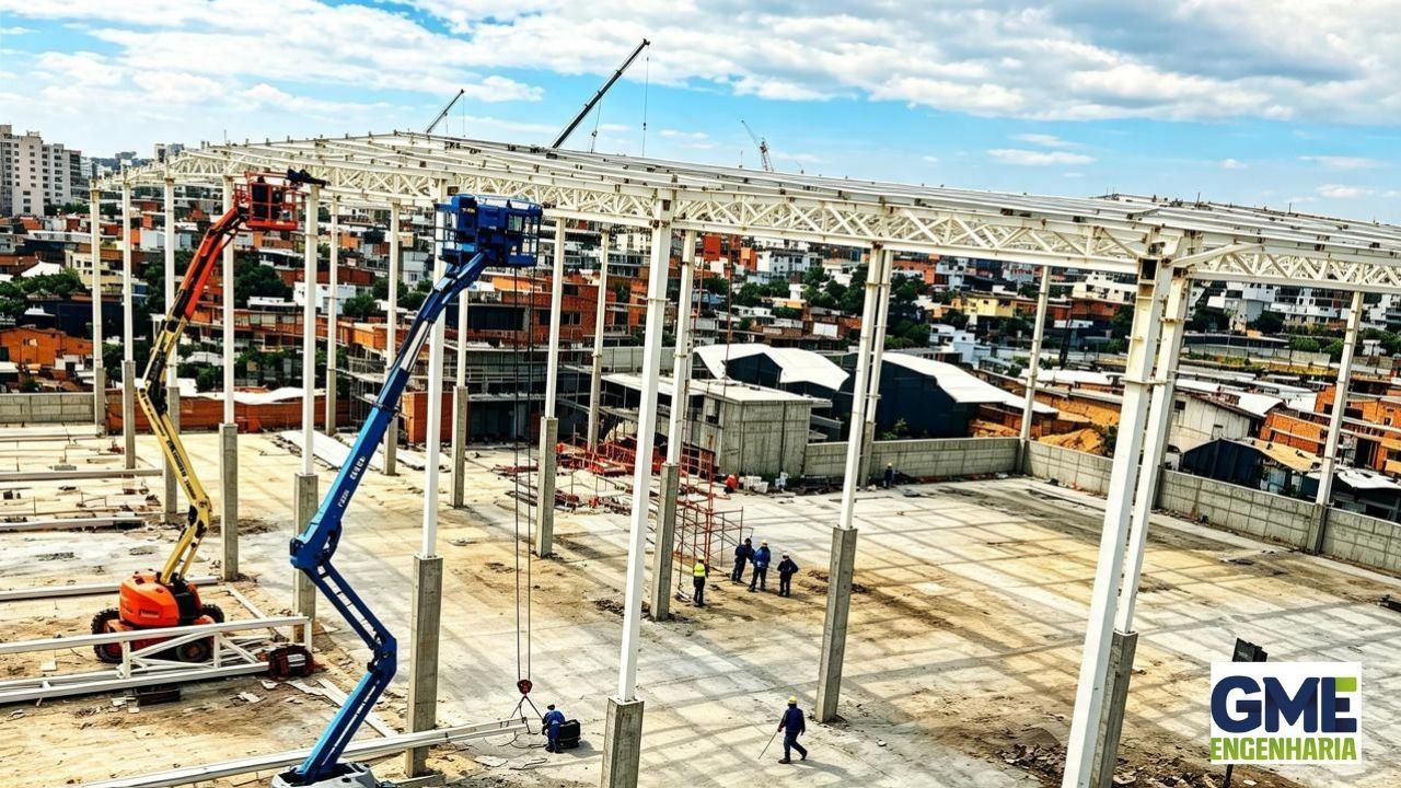 Estrutura metálica completa da cobertura do shopping com duas plataformas elevatórias em operação, cidade ao fundo