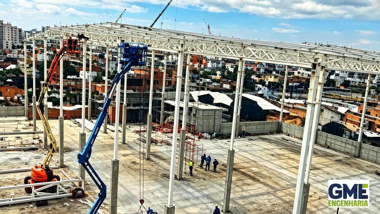 Vista aérea de estrutura metálica em montagem com plataformas elevatórias alaranjada e azul, cidade ao fundo