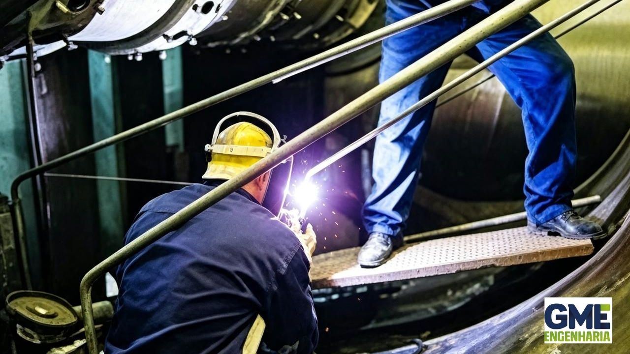 Técnico soldando estrutura metálica em espaço confinado durante reparo interno de filtro industrial, capacete amarelo e proteção facial