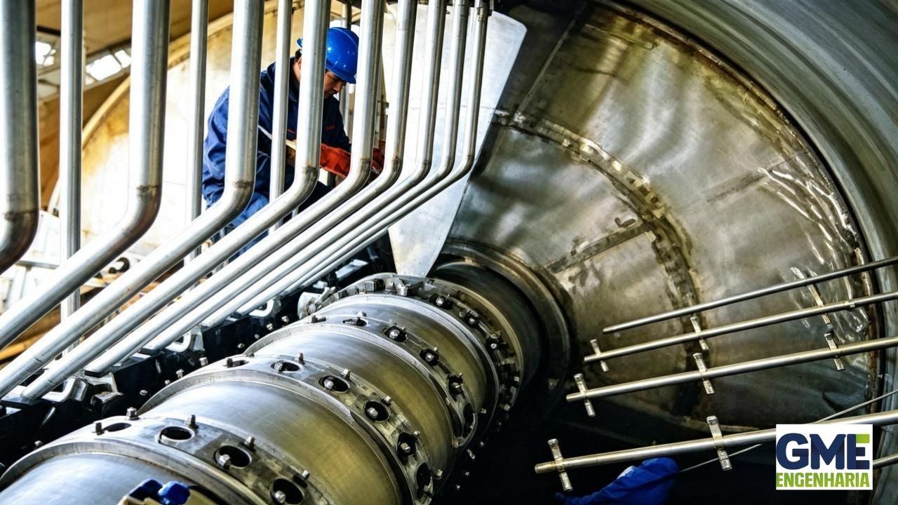 Técnico em macacão azul observando tubulação metálica interna durante inspeção de filtro industrial